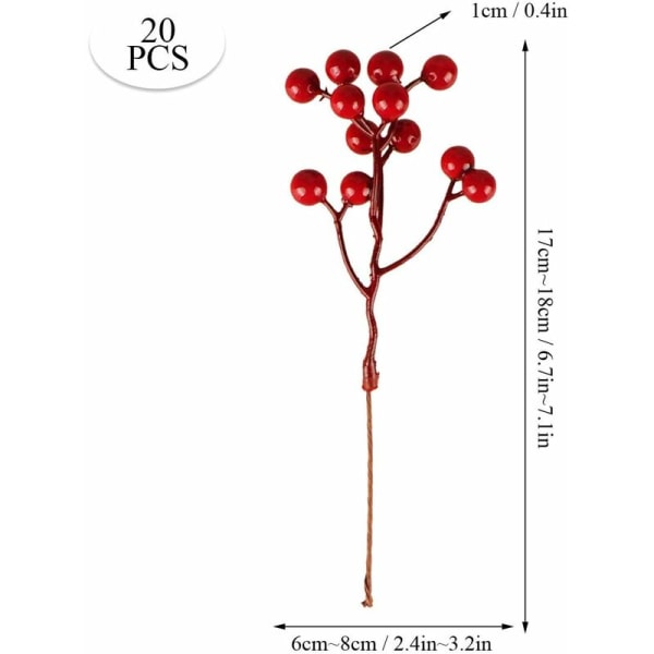 20 stycken konstgjorda röda bär dekoration, 18cm röda bär holly berry grenar för julgransdekoration hantverk semester säsong vinter dekoration