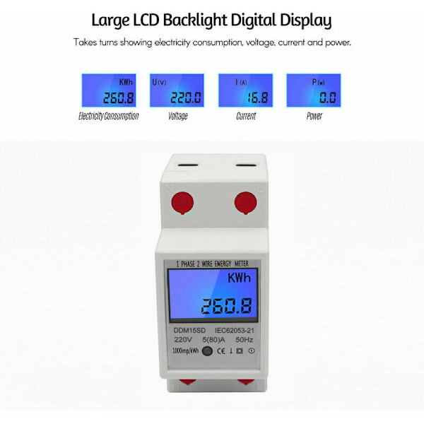 EDF Meter Enfasig DIN-skena Energimätare 5-80A 220V 50Hz Elektronisk KWh-mätare med LCD-bakgrundsbelyst Digital Display DDM15SD-Vit-