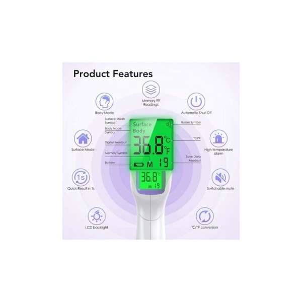 Voksen pandetermometer, infrarødt pandetermometer, 2 i 1 berøringsfri baby voksen objekttermometer, infrarødt termometer med feberalarm,