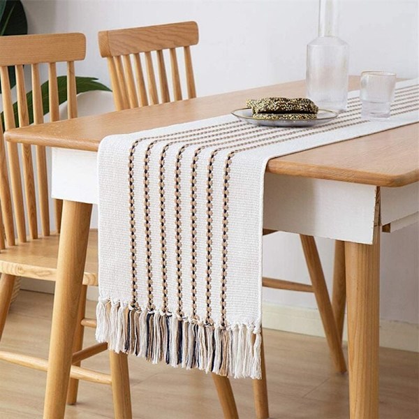 Kutomattu hapsutaululiina, käsintehty puuvillasta valmistettu raidallinen pöytäliina keittiöön ja kiitospäivän joulujuhliin, 34X180 cm
