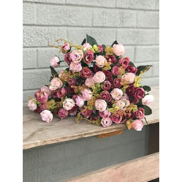 Kunstig Buket med Kunstige Roser, 7 Stilke, 21 Blomster, Silkeblomster, Ideel til Dekoration 2 Stykker Kaffe Rose