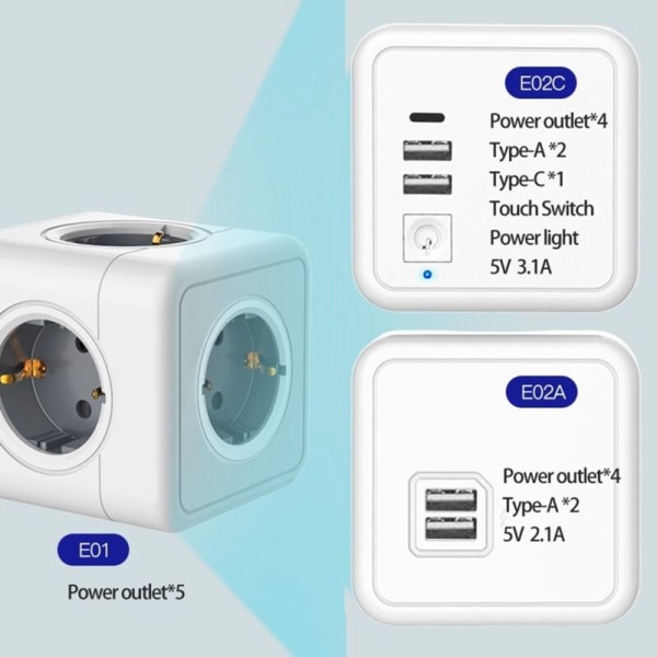 Europeisk smart stikkontakt-adapter med overspenningsvern, firkantet forlengelseskontakt, E02C-EU-kontakt