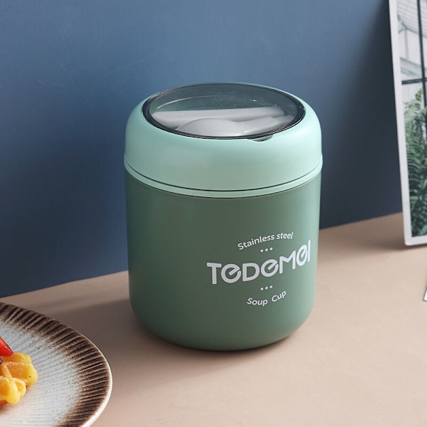 Isolerad lunchlåda i rostfritt stål med sked - För soppa - Grön - 10,5×12cm