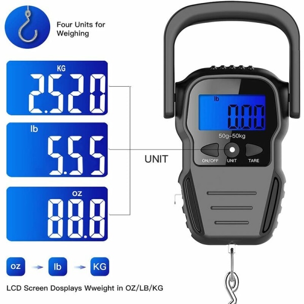 Elektronisk bagagevægt/bagagevægt/kuffertvægt med baggrundsbelyst LCD-display til rejser, fiskeri og bueskydning, målebånd, (batterier inkluderet)