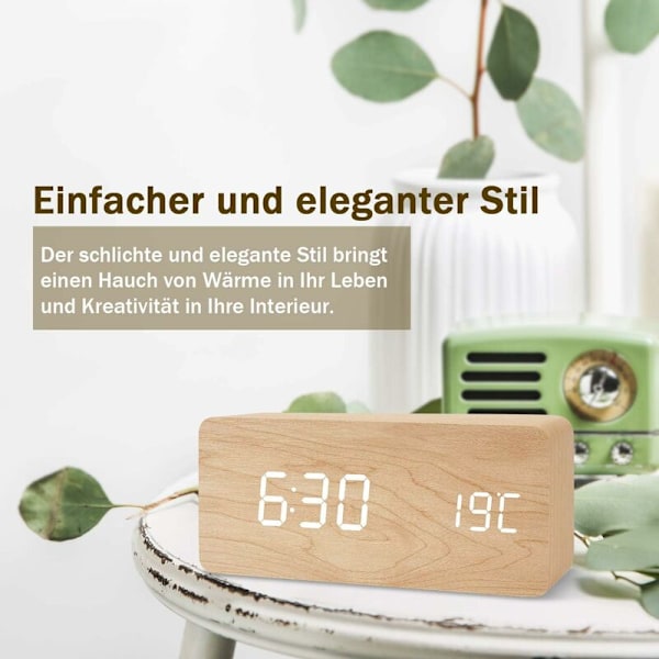 Träbordsklocka - Bambus - Vit - LED Digital Väckarklocka - Stående Klocka med Datum, Temperatur och USB-Port - Batteridriven