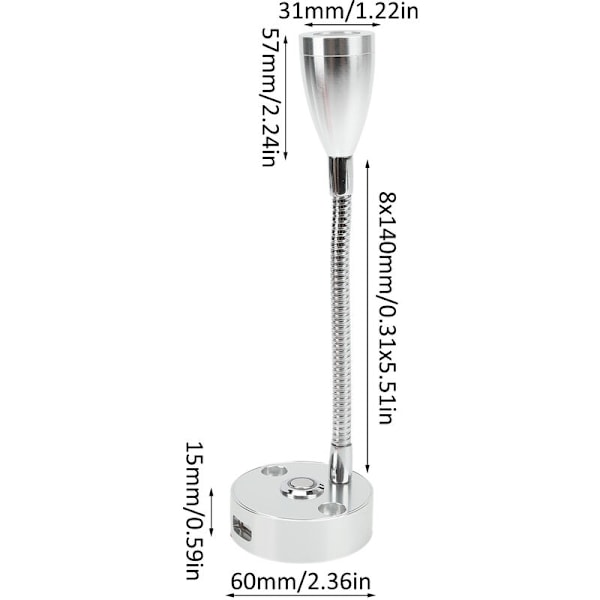 RV Läslampa Flexibel Hals 3 Färger 12-24V 3W USB Laddningsbar Universal för Yachter Båtar Silver