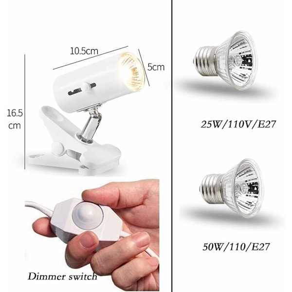 Lämpö ja valo matelijoiden ja sammakkoeläinten terraarioille, lamppujen ja kytkimen kanssa, säädettävissä ja 360° kääntyvä, 25W / 50W / E27 UVA UVB lamput. (Valkoinen) (valkoinen)