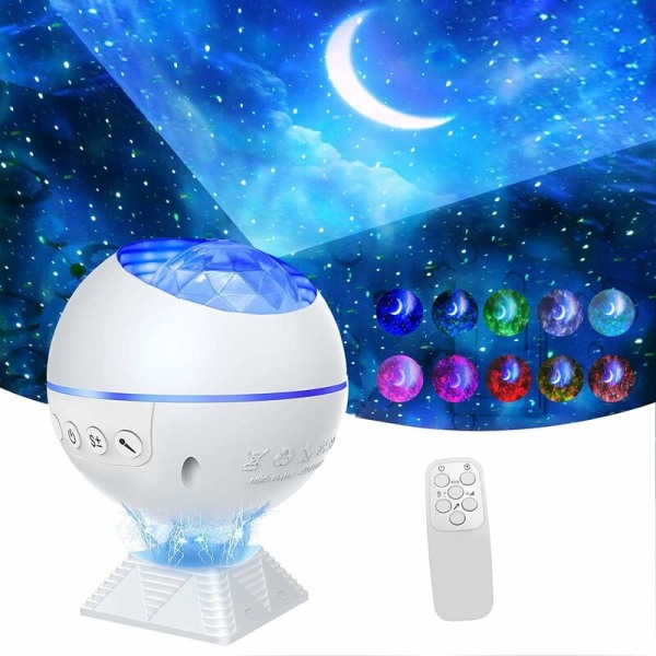 LED Stjernehimmel Projektorlampe Natlys Galaxy Projektor med Fjernbetjening og Lydsensor, 360° Rotation, Nattehimmel Lys Projektor, Ocean Wav