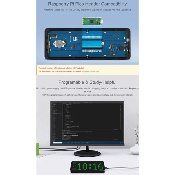 Waveshare Elektroninen kello Raspberry Pi Picoon, jossa tarkka RTC ja monitoiminen LCD-numero, avoimen lähdekoodin ohjelmoitavissa