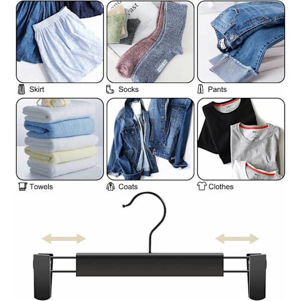 10 stk. bukseophæng, pladsbesparende nederdelsholdere med 360° drejelige kroge, justerbare clips, bukser, frakker, tøj, jeans, sort