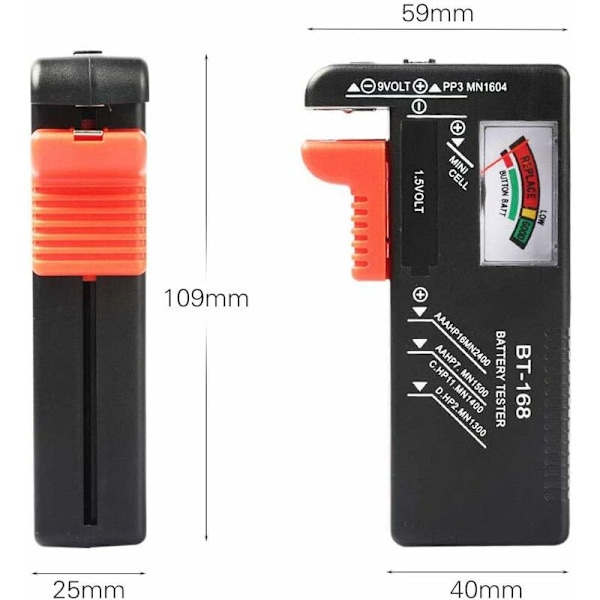 BT168 Batteritester - Universell batteritester for AAA C D 9V 1,5V poler -