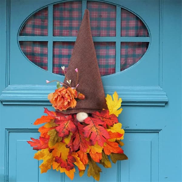 Efterårsdørkrans til dekoration, efterårsskilt med ahornblad-fe til efterårshøst, Thanksgiving, veranda, efterårsvægpejs