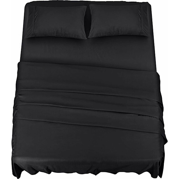 Polyesterimikrokuituvuodevaatesetti (4 osaa, musta) - 1 fitted-lakan 150x200cm, 1 tasainen lakan 266x259cm ja 2 tyynyliinaa 50x75cm