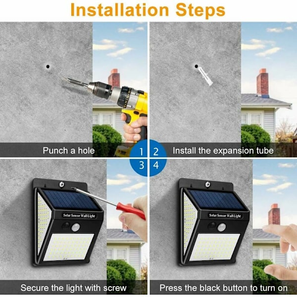 Solcellelampe, sett med 4 144LED Utendørs Solcellelampe Bevegelsessensor, 3000K Utendørs Solcellelys 3 Moduser 180° Vanntett Solcelle Utendørs Belysning Utendørs Solcelle