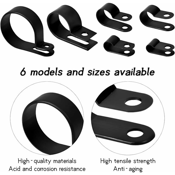 200 stk. Nylon R-klips plastklemmer for rør, 6 størrelser 3/16'' 1/4'' 3/8'' 1/2'' 3/4'' 11/8'' kanalklemmer, kabler, hylser (svart)