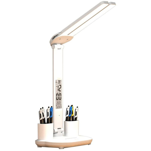 LED-skrivebordslampe USB dimbar berøringsfølsom sammenleggbar bordlampe med kalendertemperatur klokke nattlys for studieleselampe