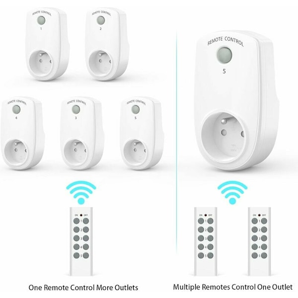 5-pack programmerbara elektriska uttag, trådlös fjärrkontrolluttag med 2 fjärrkontroller 2 batterier ingår, 30M avstånd öppet område kontroll, O