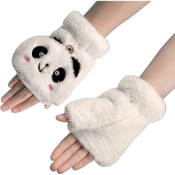 Kvinder Vinter Fingerløse vanter Piger Plys Panda Handsker Pelse Varme Halv Finger Cabriolet Handsker Håndtøj