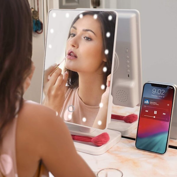 Meikkipöytäpeili valoilla ja Bluetooth-kaiuttimella, U-Reflect Beauty LED langaton kääntyvä peili tarjottimella (valkoinen) - RWRadio ja kaiutin kylpyhuoneeseen