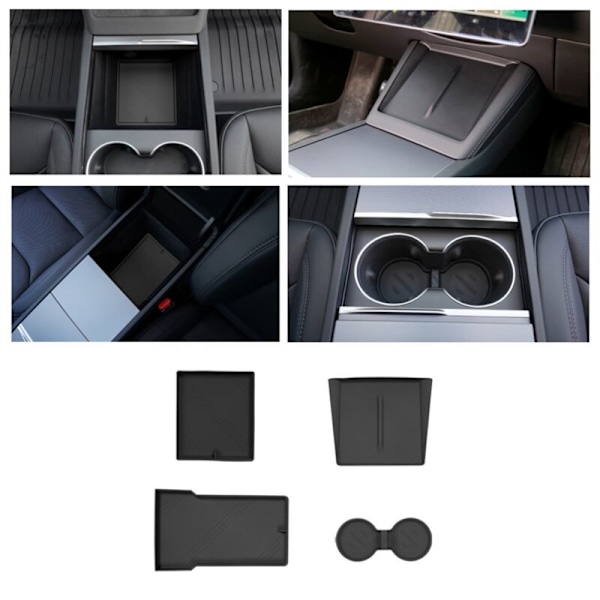 For Model 3 2024 Midtkonsoll Organizer + Armlenestøtte Oppbevaringsinnlegg Koppholder Matte Cargo Liner, Svart