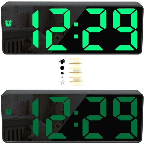 Digitalt vækkeur, stort LED-display, spejlur med snooze-funktion og USB-opladningsforbindelse Lysstyrkejusterbart vækkeur til