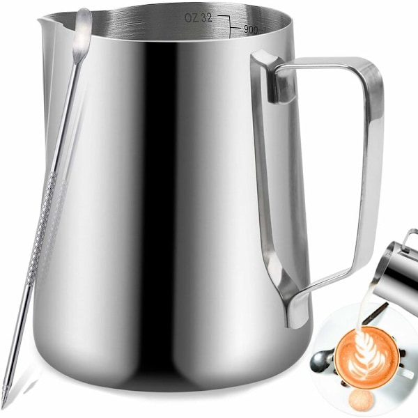 Barista Melkekanne i Rustfritt Stål 350ml (12oz) Melkekanne for Rustfritt Stål Kaffe Melkeskum Cappuccino og Latte (Sølv 12oz/350ml)-Fei Yu