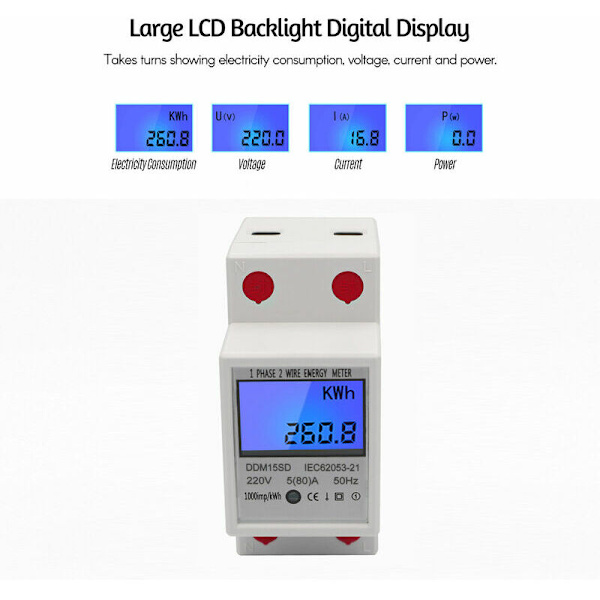 EDF-mätare Enfas DIN-skena Energimätare 5-80A 220V 50Hz Elektronisk KWh-mätare med LCD-bakgrundsbelysning Digital Display DDM15SD, Vit - Vit