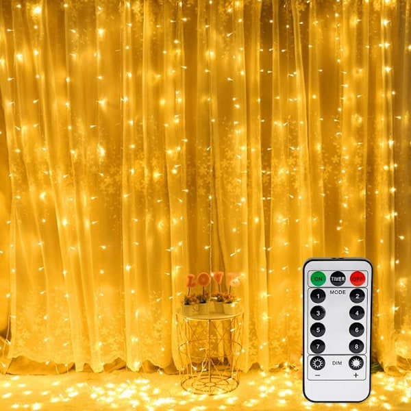 Lysgardin, Vindue Lysguirlander 300 LED'er 3mx3m, 8 Lystilstande, Atmosfære til Julepynt, Bryllup, Fødselsdag, Balkon, Terrasse, Seng