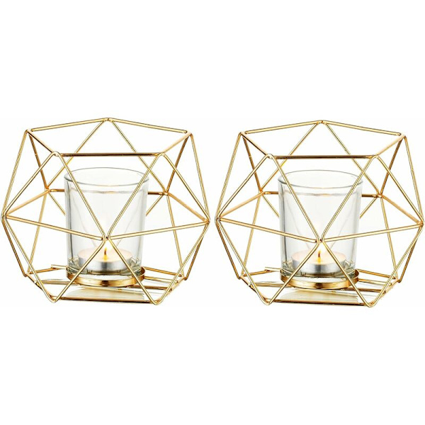 Gyllene ljusstake - Set med 2 bröllopsljusstakar mittpunkt för geometriska ljus Modern design för födelsedag Heminredning Metall -