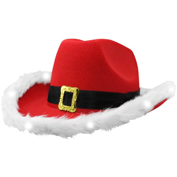 Voksen Light Up Santa Christmas Cowboy Hat - Light Up LED Lights Cowgirl Hat - Holiday Western Costume Accessory, Red White, One Size
