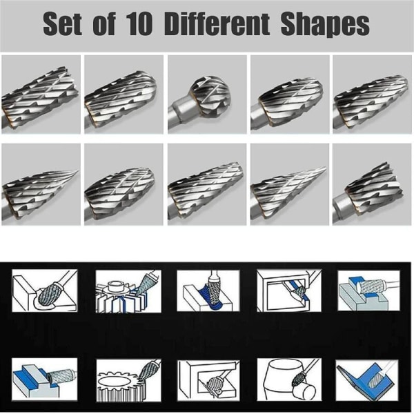 Carbide Rotary Burr Set, 10pcs Double Cut Burrs for Dremel Accessories with Shank Wood Carving, Drilling, Engraving, Metal Polishing