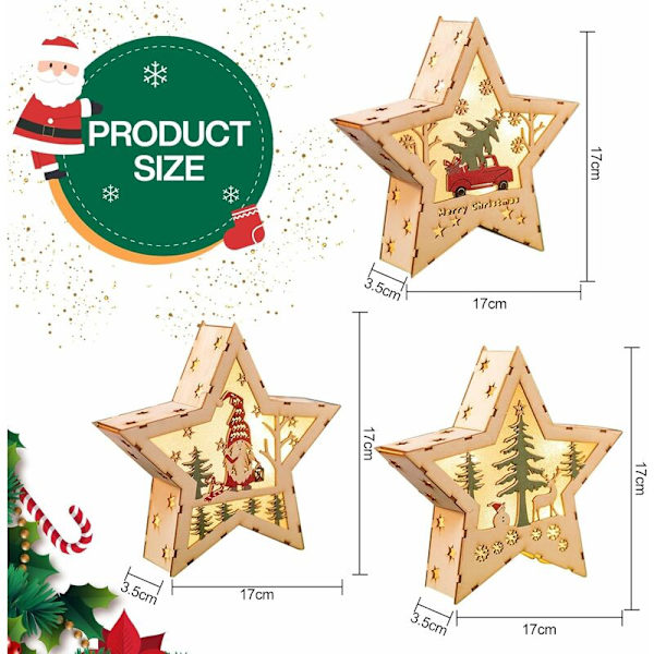 Juldekoration för Fönster, 3 st Julstjärnor med Ljus, LED Träbelyst Juldekoration, Trähängande Ornament för Julgran, DI