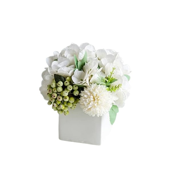 Blomst i keramikkvase, kunstig hortensia Blomsterarrangement og vase Kunstig blomst til hjemmet (hvit)
