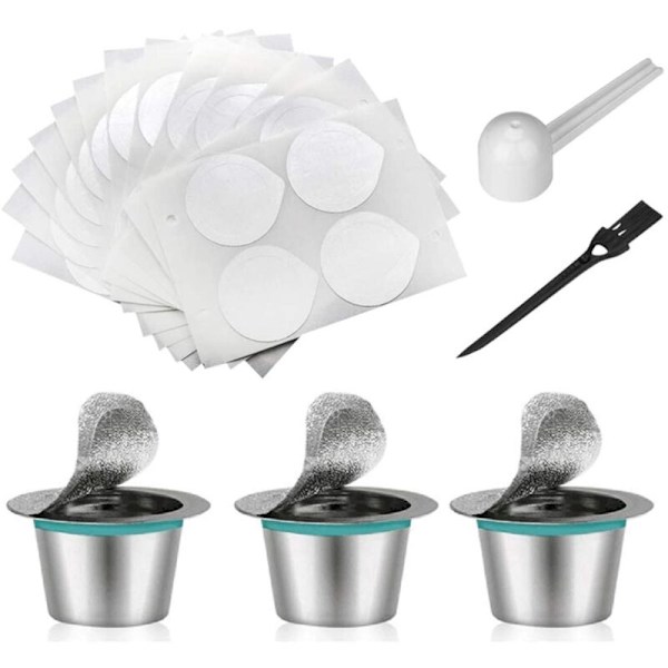 3 stk. Genanvendelige Kaffe Kapsler i Rustfrit Stål og 100 stk. Aluminium Låg, Genanvendeligt Filter til