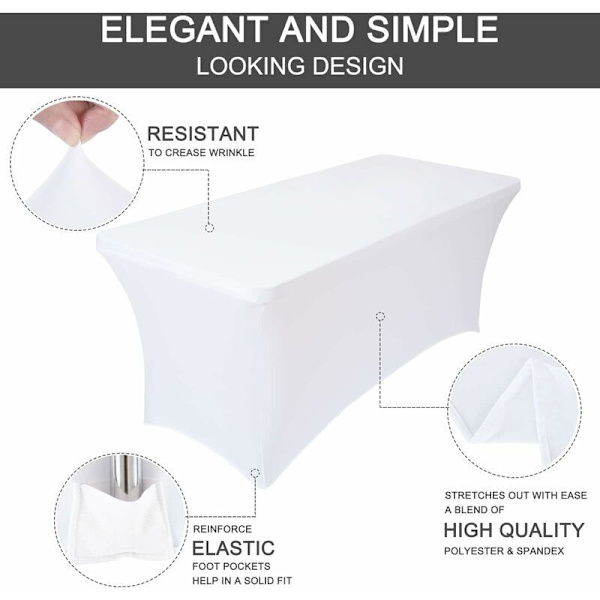 2 Pakker Hvid Elastisk Dug - Spandex Dug til 180cm Rektangulært Bord, Maskinvaskbar Rektangulær Dug Fest Bryllup