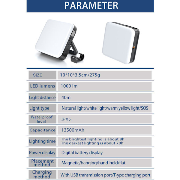 Genopladelig LED-lampe 4000LM, 13500mAh Powerbank op til 65 timer, 5 lystilstande, IPX5 vandtæt campinglampe til telt, orkan, vandreture, nødsituation