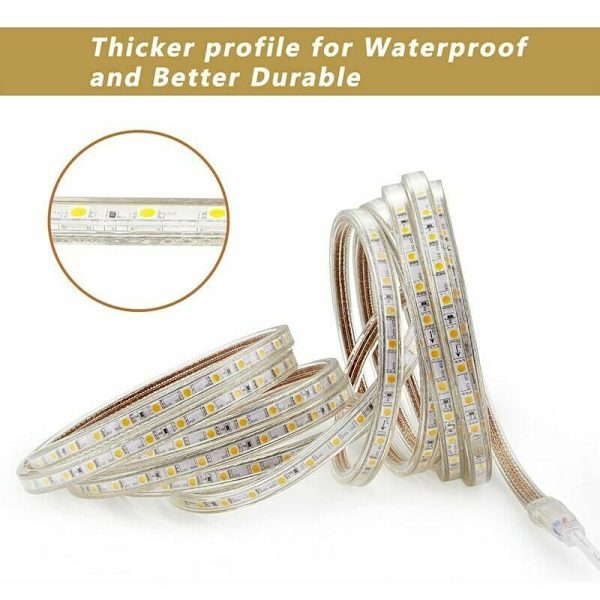 3M LED Lysstripe, 220V Super Lyssterk LED Lysstripe, 5050 IP65 Vanntett, Varmt Hvit