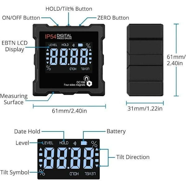 360° LCD Digital Lutningsmätare Magnetisk Digital Lutningsmätare Elektronisk Lutningsmätare, Auto-Avstängning, med Magnetisk Bakgrundsbelysning, 4 Magnetiska Sidor, IP54 Vattentät
