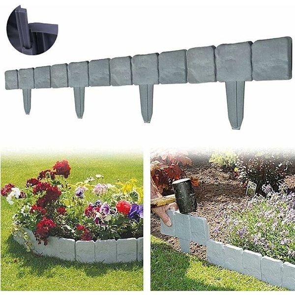 Steinutseende plen - Fleksibelt plastgjerde for hage - Kanting for plenklipping - Hagepalisade - Perfekt som dekorativt gjerde for palisade (10 deler/2,5 m)-
