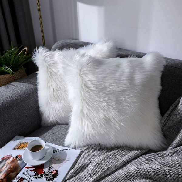 2 stk Putetrekk, Kunstig Pels Deluxe Dekorativ Sofa Soverom Seng Super Myk Pluss Mongolia Putetrekk (2 stk Hvit, 45 x 45 cm)