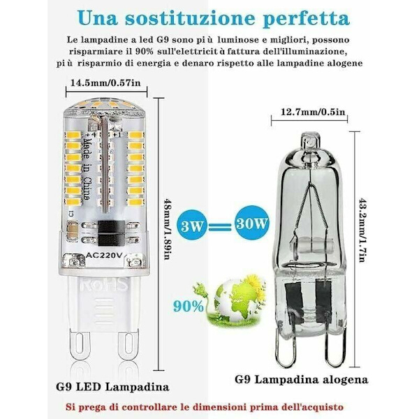 5-pack 3W G9 LED-lampa, 200LM, 3000K, Varmvit, Flimmerfri, Ej Dimbar, 360° Vinkel, Ersätter 40W G9 Halogenlampor