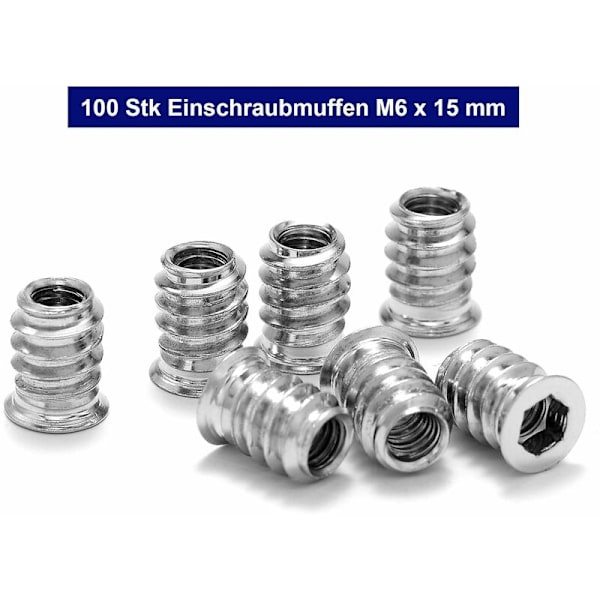 100 kpl Puupuisen Kierteisen Insertoinnin Kuusiomutteri M6 x 15 mm Sinkkiseosruuvi Insertointi Kierteinen Kannenruuvi M6 Puu Insertointi Kalusteille Tuoleille Puusängyille