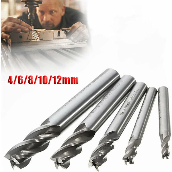 5 kpl 4/6/8/10/12 mm 4-huiluisen suoran varren päätyjyrsin HSS-teräksestä valmistetut terät