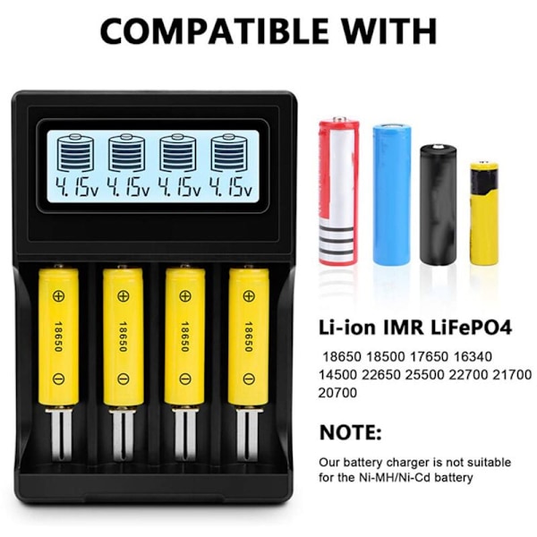 2X 18650 Batterilader, 4-Bays LCD Display Hurtig Udladningsfunktion Batterier til 3.7V Li-Ion Genopladelige