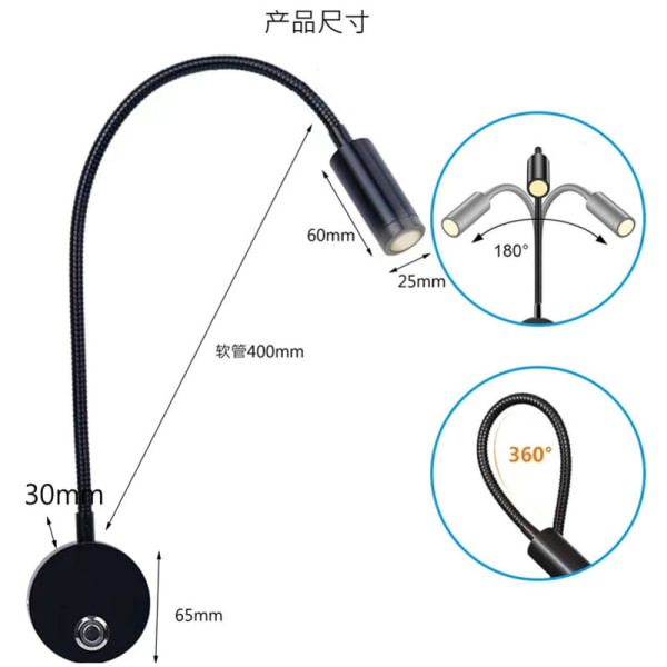 3W LED-sengelampe Fleksibel svan LED-læselampe (sort) Væglampe LED-læselampe med afbryder Varm hvid 3000K Moderne 3076cm