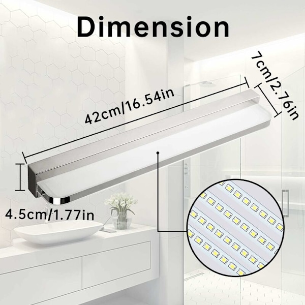 Badeværelsesspeil Lys LED Speil Lys 9W 600LM Led Speil Lys Vegglampe Bad Kald Hvit 6000K Rustfritt Stål LED Speil Lys 42 HIASDFLS