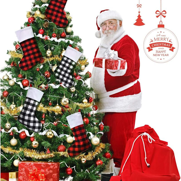 Julstrumpor i Buffelrutig Mönster, Klassiska Strumpdekorationer, Julstrumpor med Plyschkant för Familjens Julfestdekoration (Röd B