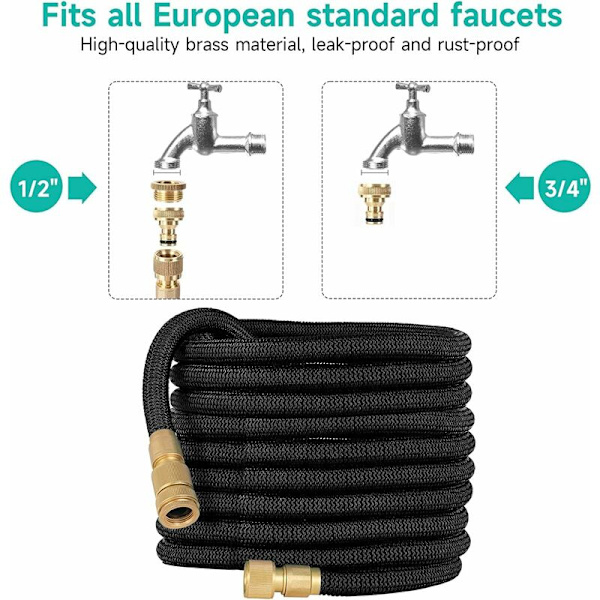 Utvidbar hageslange 15m, Fleksibel vannslange med 8 vanningsmønstre, 3/4'' og 1/2'' solide messingbeslag, svart