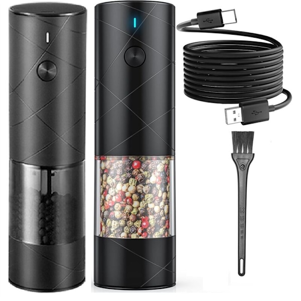 2-pack USB-uppladdningsbara elektriska salt- och pepparkvarnar med varm LED-belysning, stor kapacitet och justerbar grovhet