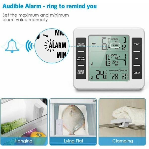 Kjøleskapstermometer, kjøleskapstermometer med frysealarm, trådløst innendørs utendørs termometer med 2 sensorer, MIN/MAKS og temperaturalarm, Connec